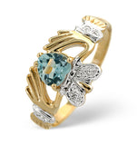 Blue Topaz 5mm And Diamond 9k Gold Claddagh Ring