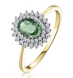 Green Sapphire 7 X 5mm And Diamond 9k Yellow Gold Ring