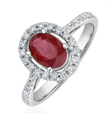Ruby And Diamond Halo Ring Set In 18k White Gold
