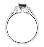 Blue Sapphire And Diamond Halo Ring Set In 18k White Gold
