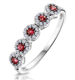Ruby And Halo Diamond Stellato Eternity Ring In 9k White Gold
