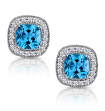3ct Blue Topaz Asteria Diamond Halo Earrings In 18k White Gold