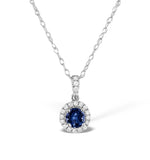 Sapphire 5mm And Diamond Halo 18k White Gold Pendant Necklace