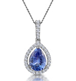 Tanzanite And Diamond Halo Pear Drop Asteria Necklace In 18kw Gold