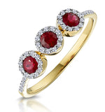 Ruby And Diamond Halo Trilogy Ring 18k Gold - Asteria Collection