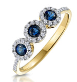 Sapphire And Diamond Halo Trilogy Ring 18k Gold - Asteria Collection