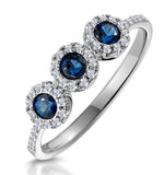 Sapphire And Diamond Halo Trilogy Asteria Ring In 18k White Gold