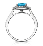 2.50ct Cushion Blue Topaz Diamond Halo Asteria Ring In 18k White Gold