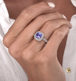 1.60ct Cushion Tanzanite Diamond Halo Asteria Ring In 18k White Gold