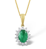 Emerald 7 X 5mm And Diamond 9k Gold Pendant Necklace