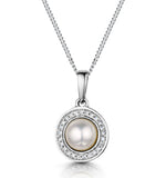 Pearl And Diamond Halo Stellato Pendant Necklace In 9k White Gold