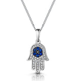 Sapphire Black Diamond Hamsa Evil Eye Pendant Necklace 9k White Gold