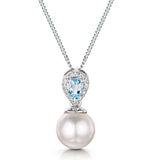 Pearl And Blue Topaz And Diamond Pendant Necklace In 9k White Gold