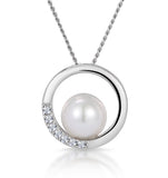 Pearl And Diamond Circle Stellato Necklace In 9k White Gold