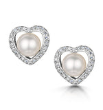 Stellato Collection Pearl And Diamond Heart Earrings In 9k White Gold