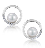 Stellato Circle And Pearl Diamond Earrings In 9k White Gold