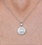 Pearl And Diamond Halo Stellato Pendant Necklace In 9k White Gold