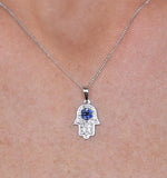 Sapphire Black Diamond Hamsa Evil Eye Pendant Necklace 9k White Gold