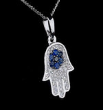 Sapphire Black Diamond Hamsa Evil Eye Pendant Necklace 9k White Gold