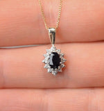Sapphire 6 X 4mm And Diamond 9k Yellow Gold Pendant Necklace