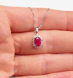 Ruby 7 X 5mm And Diamond 9k White Gold Pendant Necklace B3614