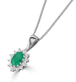 Emerald 6 X 4mm And Diamond 18k White Gold Pendant Necklace