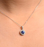 Sapphire 5mm And Diamond Halo 18k White Gold Pendant Necklace