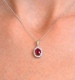 Ruby 7 X 5mm And Diamond Halo 18k White Gold Pendant Necklace